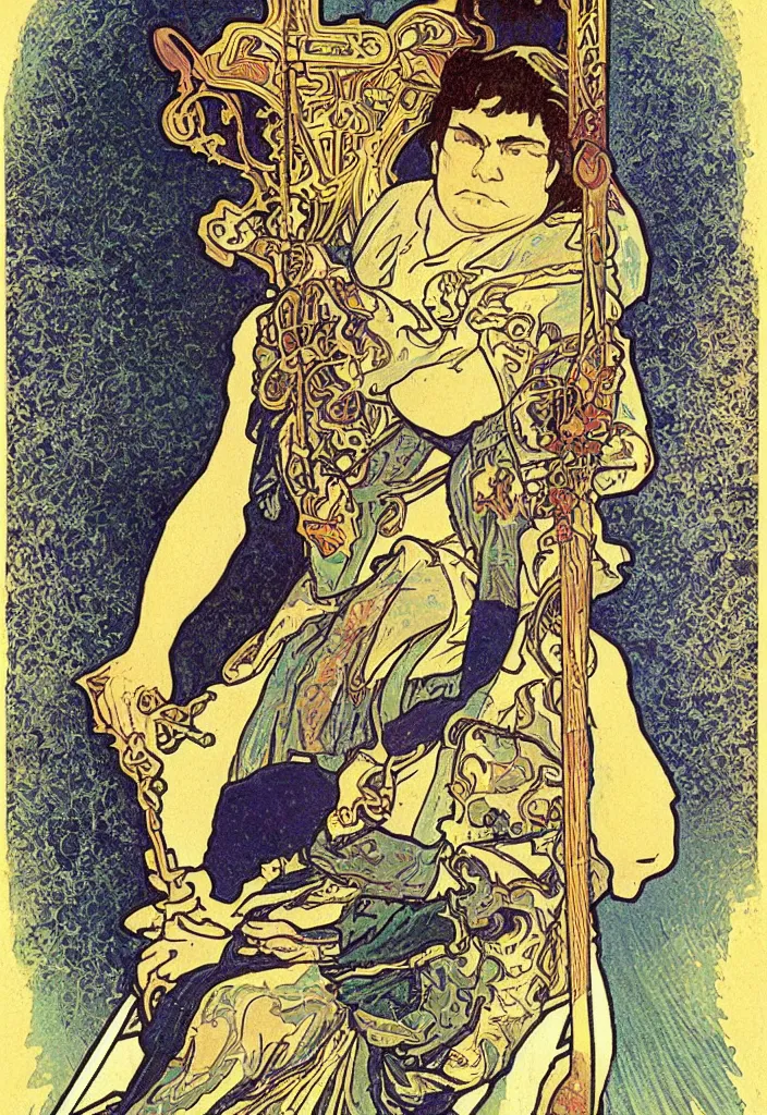 Prompt: Yann LeCun sitting on the throne on a tarot card, illustrated on the Rider–Waite tarot, art style by Alphonse Mucha