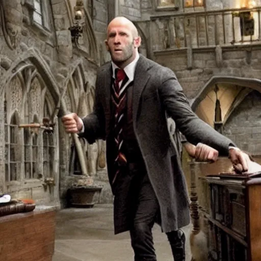 Image similar to jason statham as harry potter in hogwarts