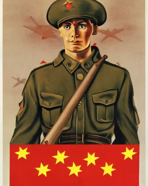 Prompt: communist propaganda poster of an australian shepherd soldier, communist china art