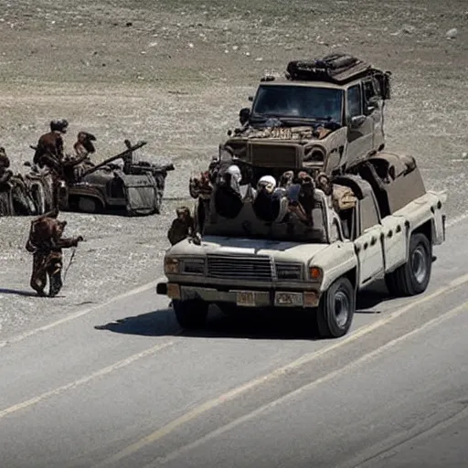 Image similar to the Taliban riding on top of Tow Mater with a mounted machine gun