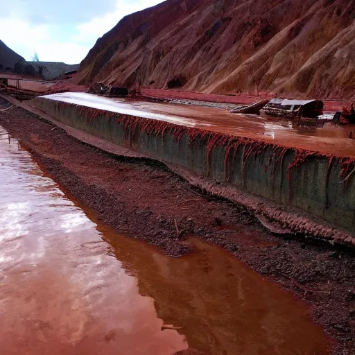 Image similar to underground copper mine, flooded, dirty water, rusty pipes