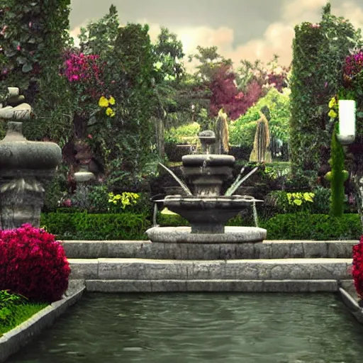 Prompt: garden inside a dark mansion, fountain, flowers, realistic, highly detailed, background of resident evil game