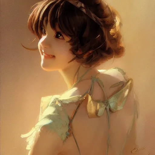 Image similar to a detailed portrait of a cute anime girl, smiling coy, painting by gaston bussiere, craig mullins, j. c. leyendecker