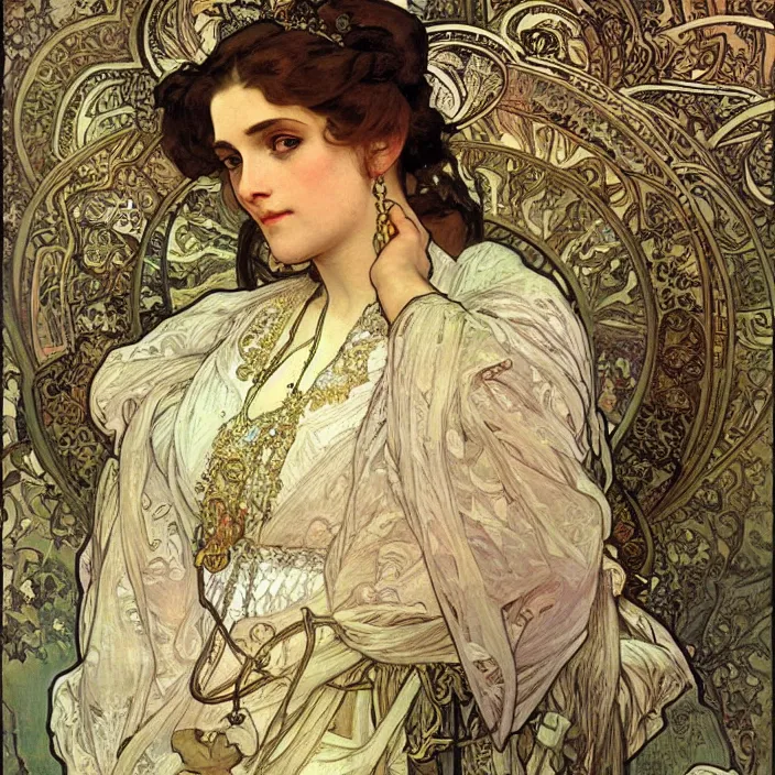 Image similar to longing look of a woman, portrait, highly detailed, bourgeoise, extremely opulent, ornate art, pompous, ornamental, richly detailed, digital art by alphonse mucha, ivan shishkin, adolph menzel, carvaggio