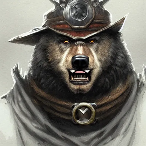 Image similar to dashing charming grinning charismatic bear beast-man rogue, wearing captain's tricorne hat, naval background, amazing, lifelike award winning pencil illustration trending on art station artgerm Greg rutkowski cinematic