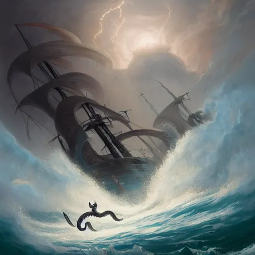 Prompt: A kraken emerging from the stormy ocean depths attacking a 17th century Ship-of-the-line, atmospheric, dramatic, concept art by Peter Mohrbacher