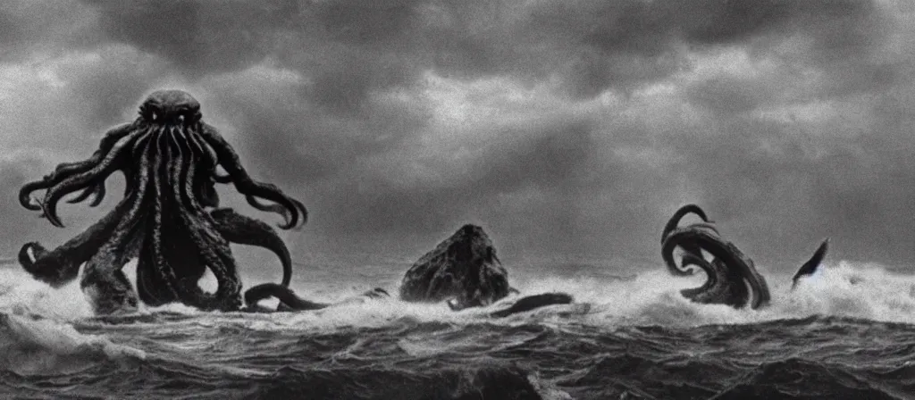Prompt: A Still of one giant Cthulhu emerged from the ocean, water dripping off him, Cthulhu is gigantic, a tiny boat in the water beneath Cthulhu, you can see this from the beach looking out into a dark a storming ocean, Move shot film, gloomy