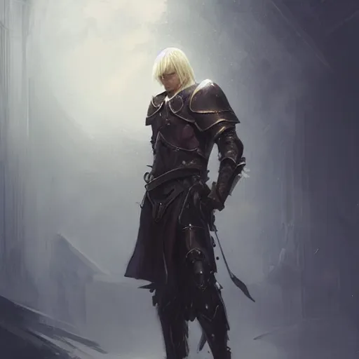 Image similar to dramatic masterpiece Greg Rutkowski male Aasimar paladin with platinum blonde hair praying amidst sorrow, realistic, cinematic lighting, WLOP, dungeons and dragons