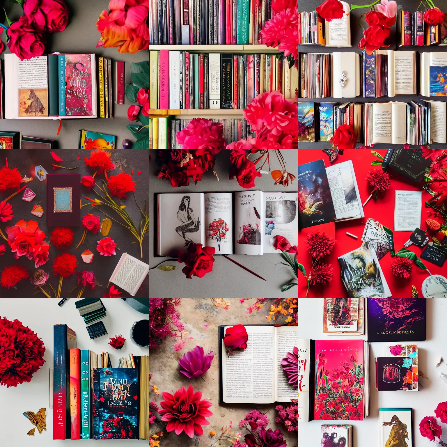 Prompt: flatlay fantasy book collection, vivid colors, dramatic lighting, minimalist and clean, scattered red flowers