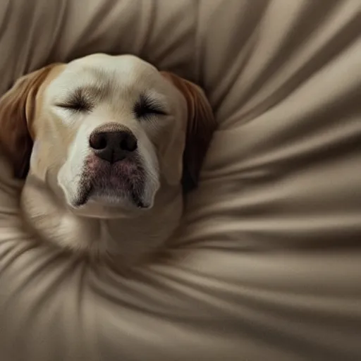 Prompt: close - up of a dog sleeping in a bed made of planets, sun rays, cinematic shot, photo still from movie by denis villeneuve