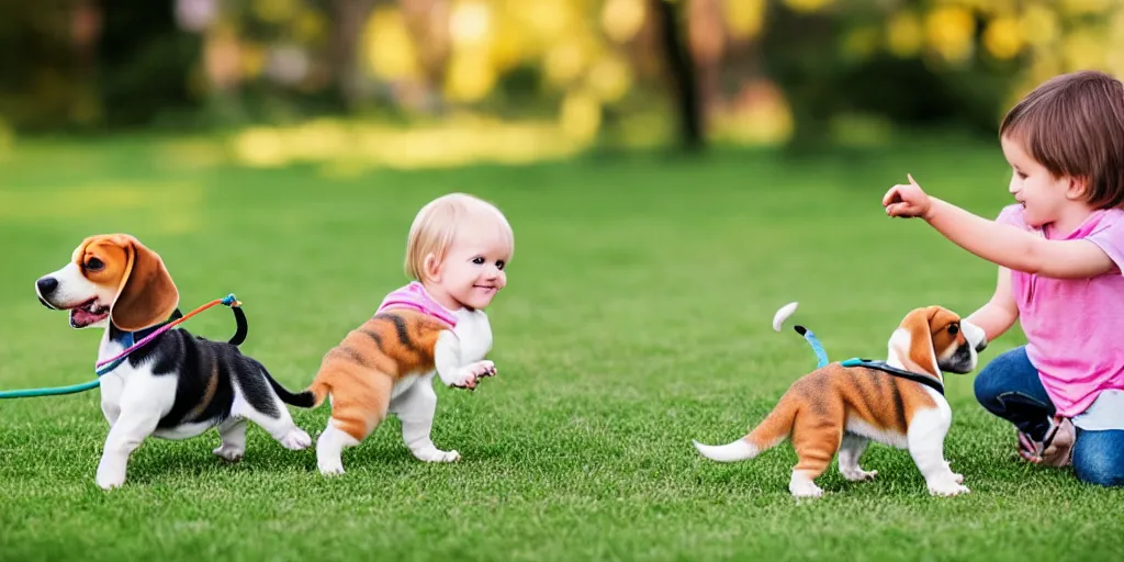 Prompt: toddler playing with pet beagle