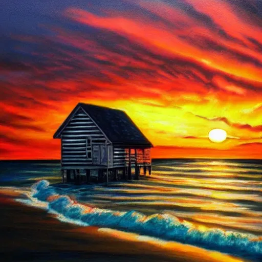 Prompt: sunset over a wooden cabin on the coast, sea, oil painting, very detailed, colorful