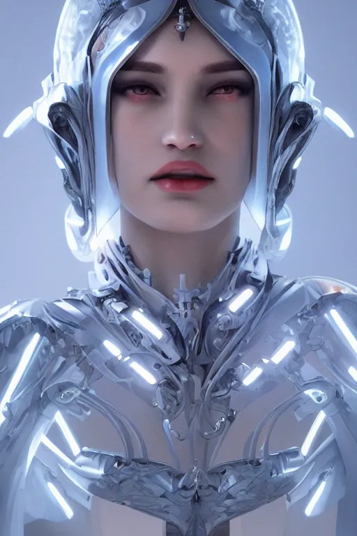 Prompt: beautiful cyborg priestess, scifi, perfect face, futuristic, elegant cape, aura of light, glow, concept art, sharp focus, trending on artstation, hwang se - on, intricate, advanced technology, art by roman makarenko and simon almeida and marcos melco