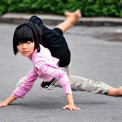 Prompt: a still photo of a young japanese girl breakdancing