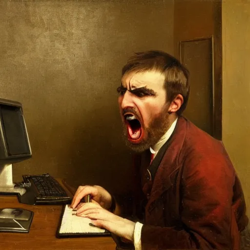 Image similar to an angry man yells at his computer monitor, oil on canvas, 1 8 8 3, highly detailed