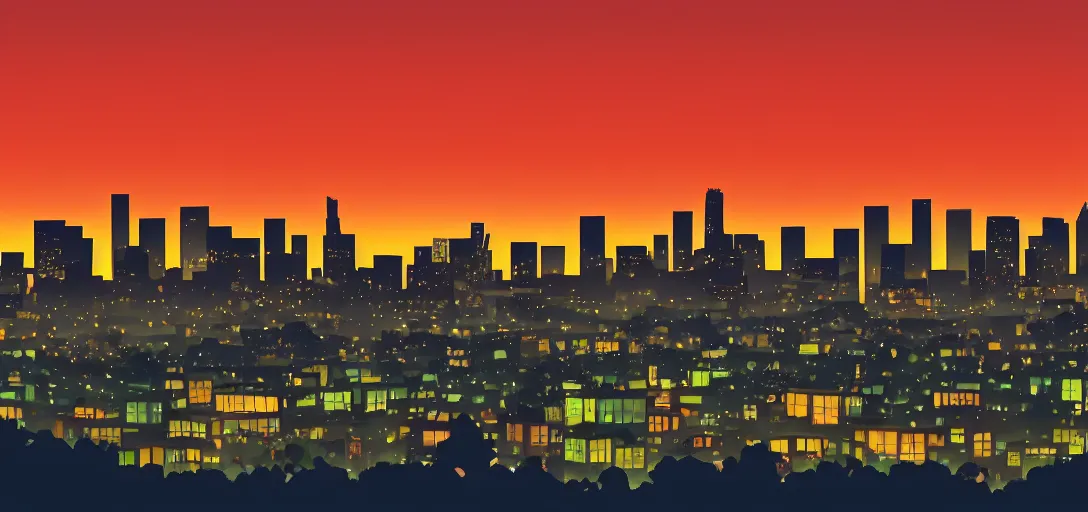 Prompt: cartoony skyline of l. a. at dusk by lou romano, pixar, disney