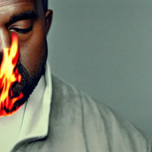 Image similar to cinematic film still of Kanye West starring as a Japanese Sensei with fire, Japanese CGI, VFX, 2003, 40mm lens, shallow depth of field, film photography