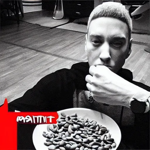 Image similar to “ eminem eating m & ms and mom ’ s spaghetti ”