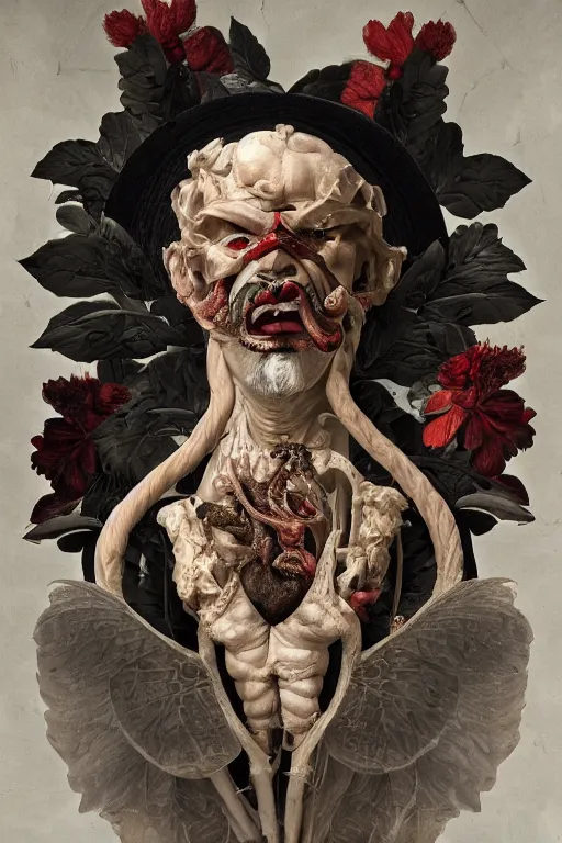 Prompt: Detailed maximalist portrait a Greek god with large white eyes and an angry face, fleshy body, botany, HD mixed media 3d collage, highly detailed and intricate, surreal illustration in the style of Caravaggio, dark art, baroque