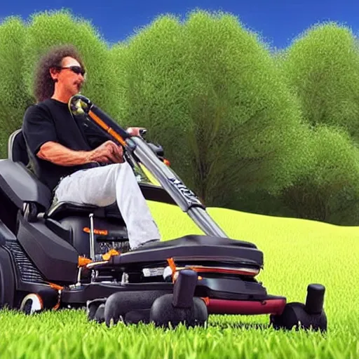 Image similar to kenny g riding a lawnmower playing the saxophone, epic, cinematic, realism, ultra detailed, 8 k