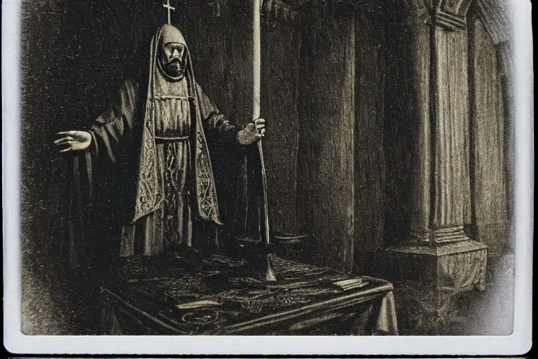 Image similar to dark old polaroid of an medieval religious leader, with a weird religious symbol, wide angle