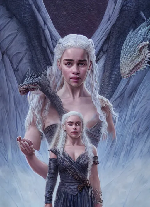 Prompt: emilia clarke as queen daenerys stormborn with her dragons, by michael whelan, detailed matte painting, realistic portrait, symmetrical, highly detailed, digital painting, artstation, concept art, smooth, sharp focus, illustration, cinematic lighting, 8 k resolution