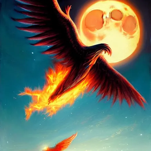 Image similar to phoenix flying in front of the moon, glowing light, fire, oil painting by greg rutkowski, 8 k