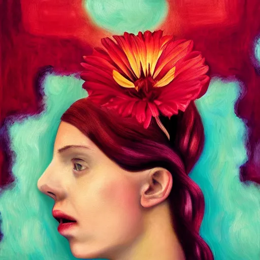 Image similar to huge flower as head, woman standing in a luxury apartment, surreal photography, dramatic light, impressionist painting, digital painting, artstation, georgia o'keeffe