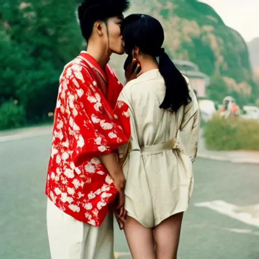 Image similar to two beautiful asian models kissing with no kimono, cinestill, photography