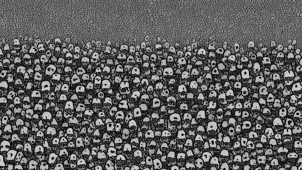 Prompt: a field of skulls, dark, night, foggy, scary, eerie, digital art.
