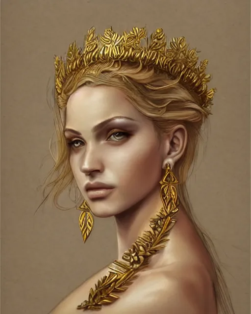 Image similar to front view of beautiful aphrodite greek goddess wearing a gold laurel wreath and triangle earrings, realism tattoo sketch, beautiful piercing eyes with sharp pupils, beautiful blonde hair, in the style of greg rutkowski, fantasy, amazing detail, epic, elegant, smooth, sharp focus