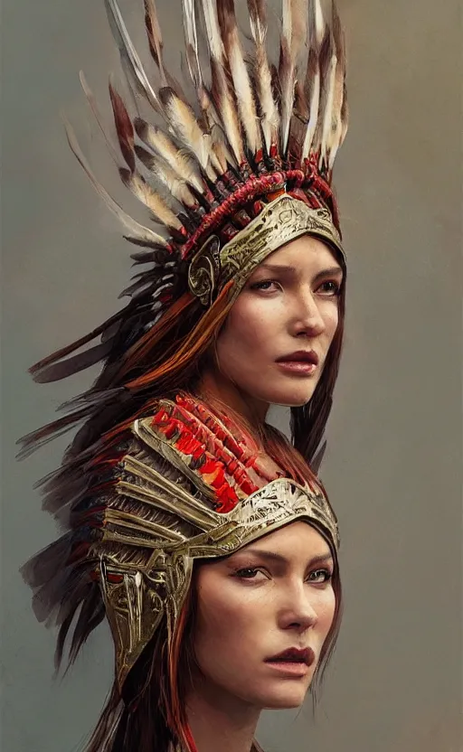 Image similar to gorgeous redskin woman wearing headdress, intricate, elegant, highly detailed, artstation, concept art, smooth, sharp focus, illustration, art by stefan kostic and greg rutkowski