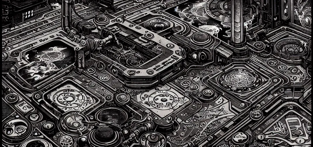 Image similar to cyberpunk steampunk tech tiled floor, one point perspective, high details, bold line art, by vincent di fate and joe fenton, inking, screen print, masterpiece, trending on artstation, sharp, hyper - detailed,, hd, 4 k, 8 k
