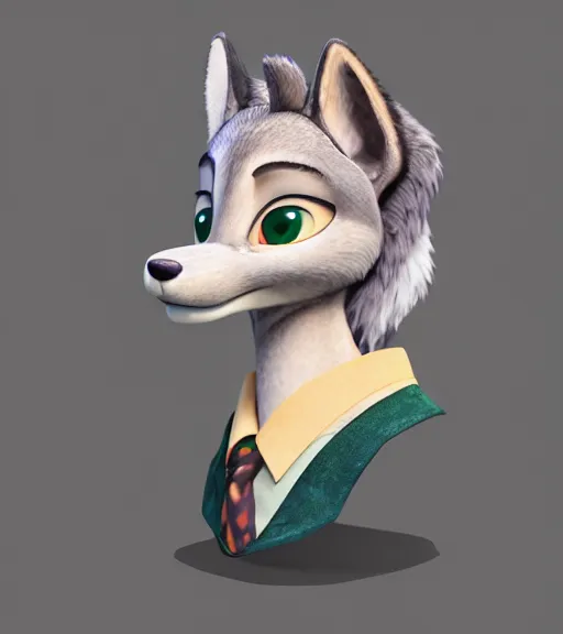 Image similar to bust of anthromorphic female wolf, in style of zootopia, zootopia, zootopia, fursona, furry, furaffinity, 4 k, deviantart, furry art, fursona art, wearing black business suit, business suit, in style of zootopia, wolf fursona, cyberpunk, female, expressive detailed feminine face,