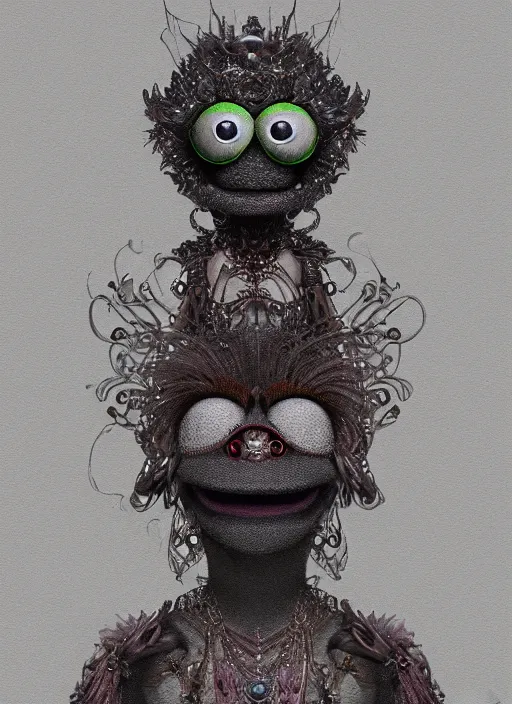 Prompt: occult muppet with glowing haunted eyes, metal skin, intricate, elegant, highly detailed, centered, digital painting, artstation, concept art