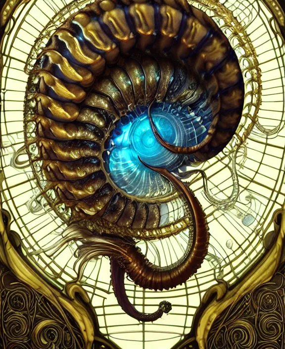 Image similar to intricate ornate opulent transparent clear see - through portrait of a horrific beautiful alien nautilus, mottled coloring, adorable, childlike, pastoral environment, ultra realistic, concept art, art nouveau, photorealistic, octane render, 8 k, unreal engine. art by christopher marley and artgerm and greg rutkowski and alphonse mucha