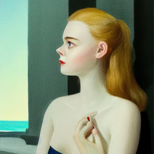 Image similar to Elle Fanning in Santorini at night, head and shoulders portrait, stormy weather, extremely detailed masterpiece, Roger Deakin’s cinematography, illustration, by Edward Hopper,