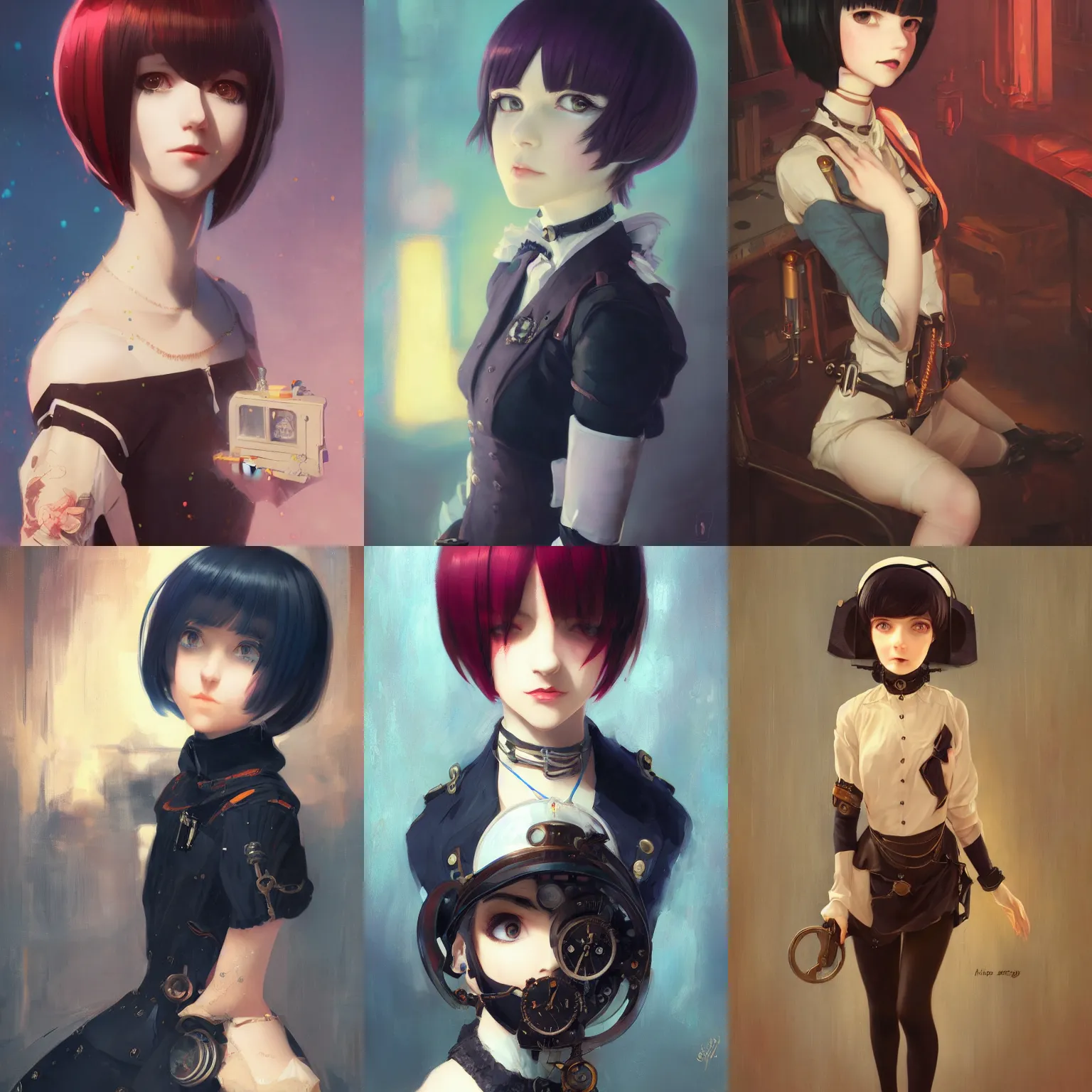 Prompt: a portrait of a cute young clockwork woman with black bob cut hair, steampunk setting, vivid colors, soft lighting, atmospheric, cinematic, moody, in the style of Ilya Kuvshinov and Range Murata, Krenz Cushart, oil on canvas, 8k