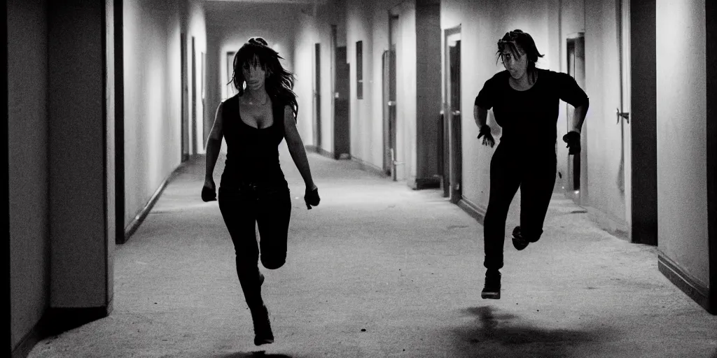 Image similar to Jennifer Love Hewitt running toward camera, away from a man in the background, dressed all in black, in an abandoned highschool, night time, cinematic, horror movie, 24MM wide shot, f1.8, volumetric lighting, award winning