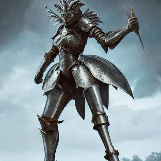 Prompt: highly detailed realistic stunning shot of a beautiful anthropomorphic female knight but as a dragon, doing a majestic and elegant pose, armor made of steel, sharp claws, HD octane render, epic cinematography, fantasy, Artstation, Deviantart, Furaffinity