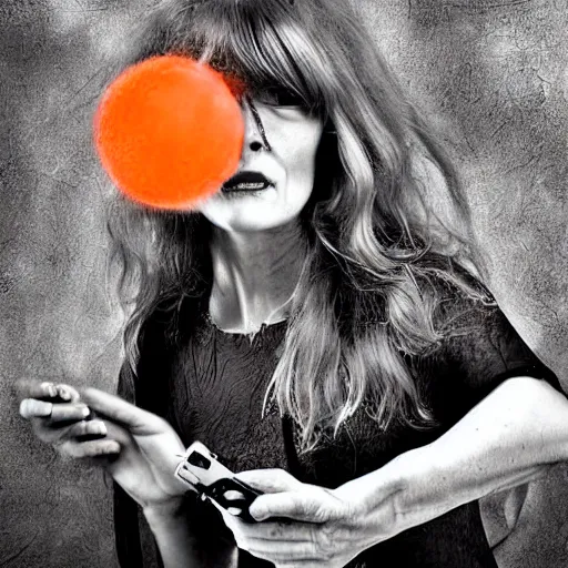 Prompt: A photograph. A rip in spacetime. Did this device in her hand open a portal to another dimension or reality?! bright orange by John Blanche offhand