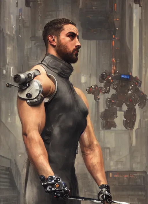 Prompt: buff cyberpunk olympic weightlifter with robotic arms wearing a jumpsuit ( blade runner 2 0 4 9, cyberpunk 2 0 7 7 character design ). orientalist portrait by john william waterhouse and james gurney and theodore ralli and nasreddine dinet, oil on canvas. cinematic, hyper realism, realistic proportions, dramatic lighting, high detail 4 k