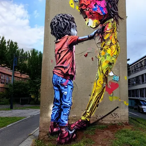 Prompt: a street art of thread connecting brother and sister by bordalo