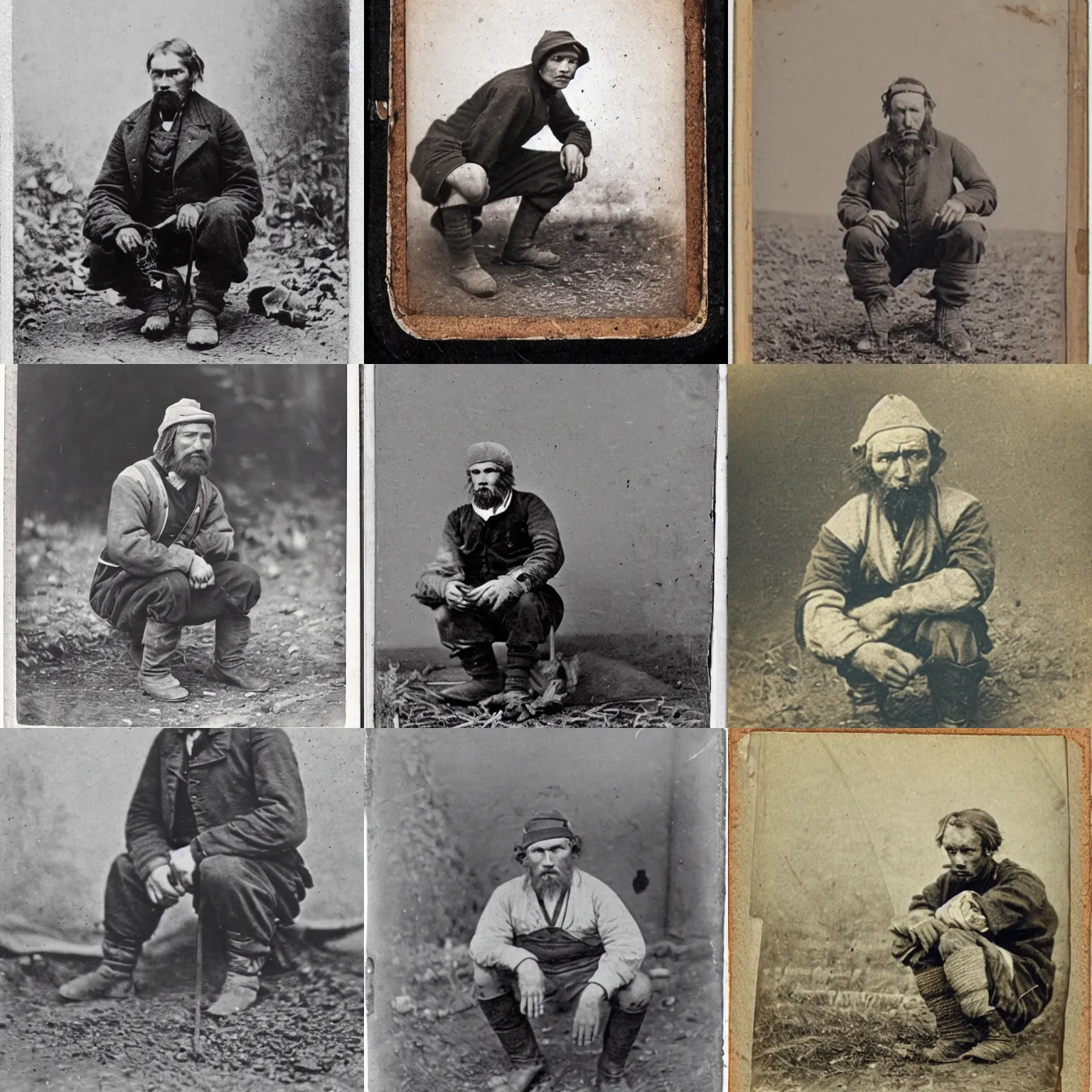 Prompt: photo from the 1850s of a farmer, gopnik squatting