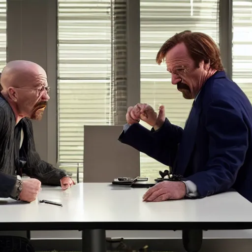 Image similar to Walter White & saul goodman arguing, realistic, 8k resolution, hyperdetailed, highly detailed, real life, studio lighting, high quality, dramatic shot,