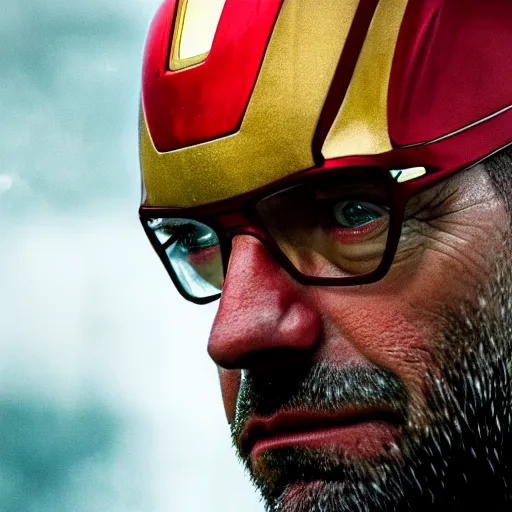 Image similar to jurgen klopp as iron man, unmasked, movie still, cinematic, photorealistic, extreme detail, sharp focus, 8 k, rain, close up, anamorphic lens, lighting, dark