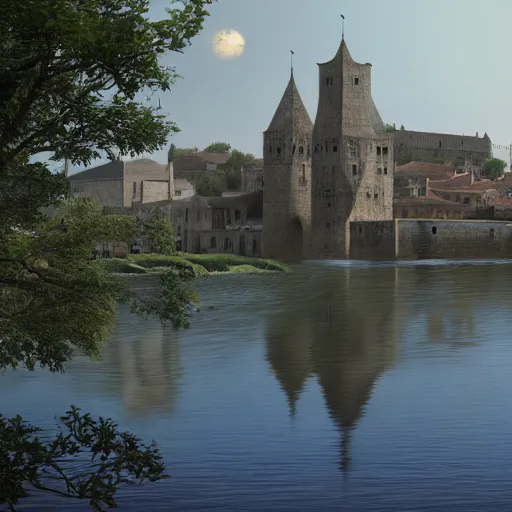 Prompt: an enormous wide river runs through a medieval port city, the river is calm and looks more like a lake, high detail, concept art, massive tree at one end of the river that stands taller than any of the other buildings