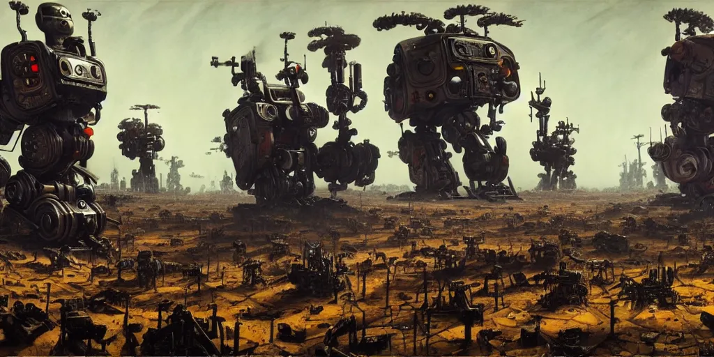 Image similar to scene from future robot war, highly detailed, painting by otto dix and greg rutkowski 8 k