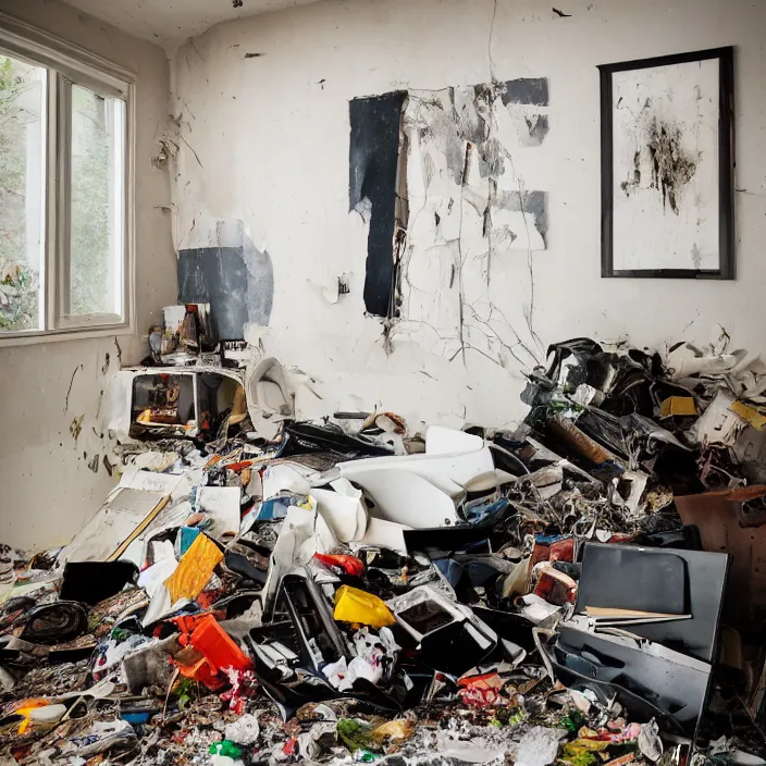 Prompt: trashed modern home interior, color photograph, canon eos c 3 0 0, ƒ 1. 8, 3 5 mm, 8 k, medium - format print
