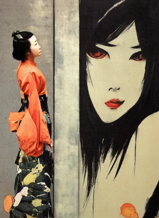 Image similar to painting of a young japanese woman standing in harajuku street art by frank frazetta